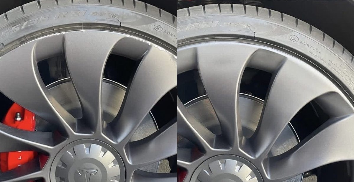 Tesla Model Y 21-inch Uberturbine wheel with curb rash and the same wheel after repair